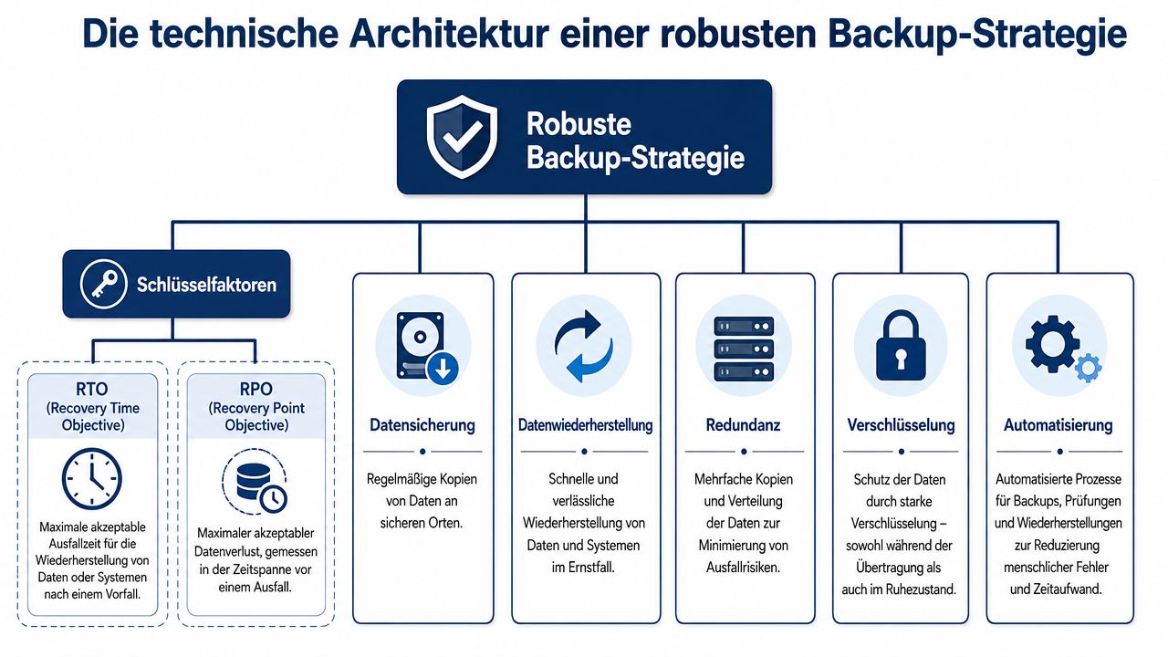 Eine Infografik zur technischen Architektur einer robusten Backup-Strategie mit Fokus auf RTO, RPO und Kernfaktoren.