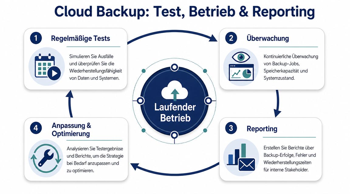 Ein Diagramm zum Thema Cloud-Backup, das Testprozesse, Überwachung, Reporting sowie laufende Anpassung und Optimierung der Strategie darstellt.