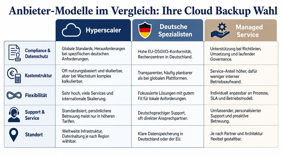 Vergleichstabelle verschiedener Cloud-Backup-Anbieter-Modelle: Hyperscaler, deutsche Spezialisten und Managed Services mit ihren jeweiligen Vor- und Nachteilen.