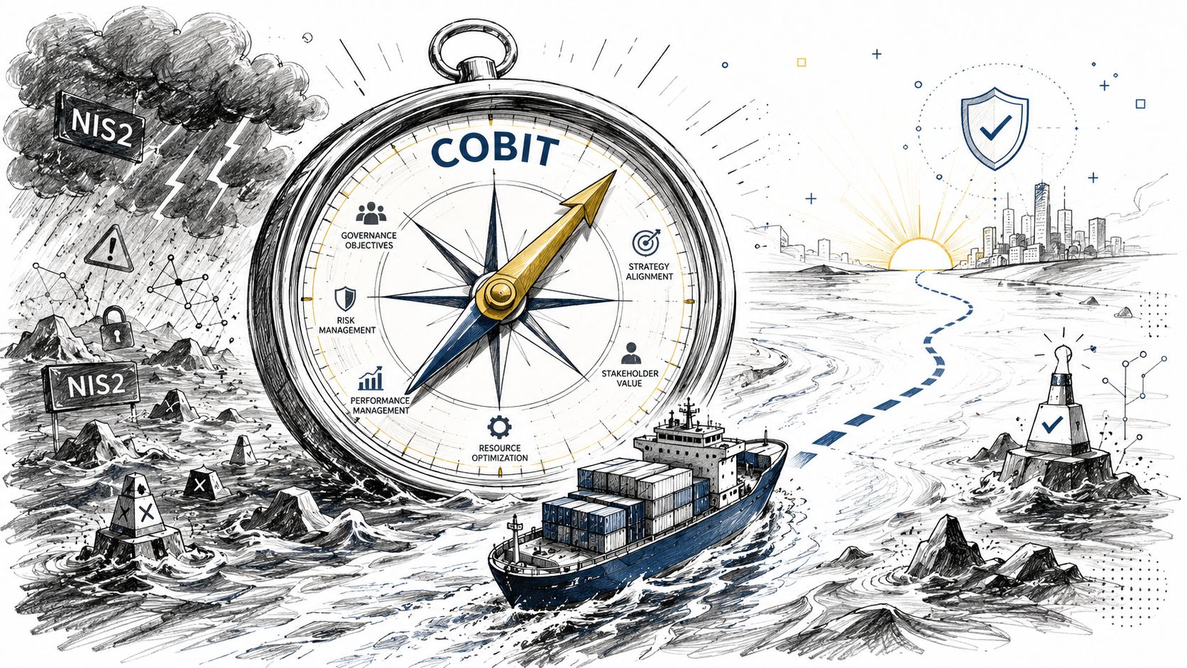 Ein Kompass mit COBIT-Symbolen führt ein Containerschiff aus stürmischer See in ruhiges Gewässer zu einer Stadt.