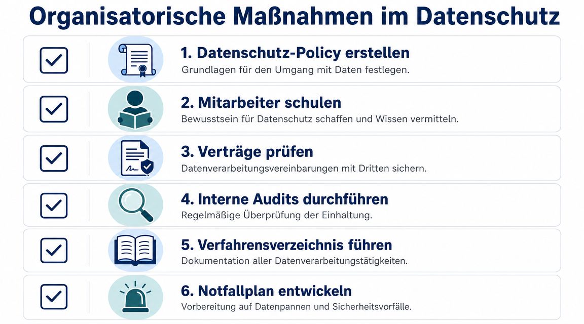 Eine Infografik mit sechs organisatorischen Maßnahmen zum Thema Datenschutz in Unternehmen, dargestellt mit Symbolen und kurzem Text.