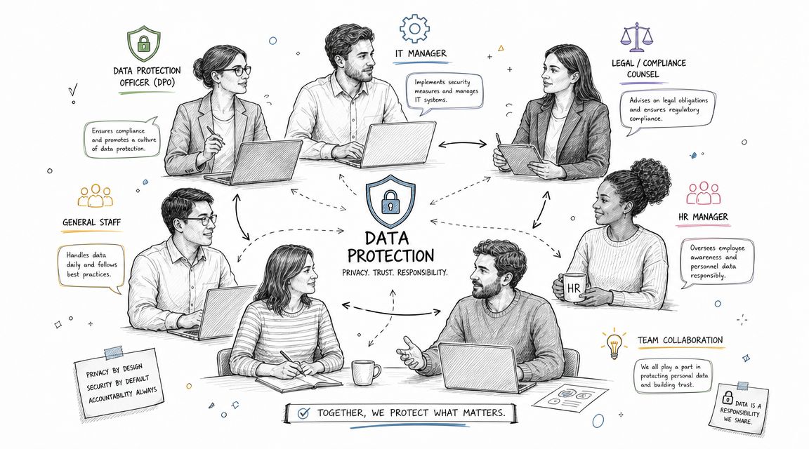 Eine Infografik, die die Zusammenarbeit verschiedener Unternehmensrollen beim Datenschutz in einem Team darstellt.