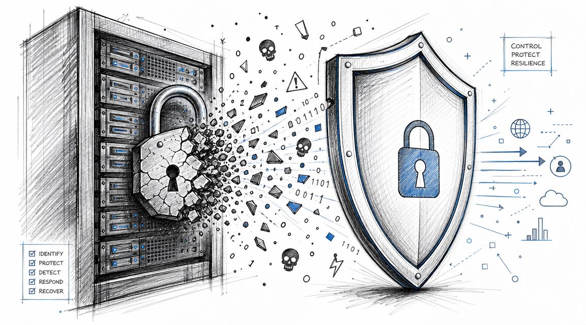 Eine illustrative Darstellung von Cybersicherheit, die den Schutz von Servern durch einen Schild bei digitalen Angriffen zeigt.
