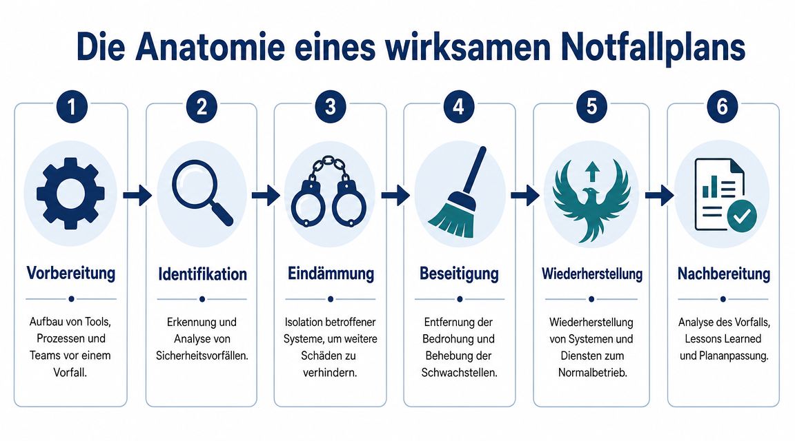 Eine Infografik, die die sechs Schritte eines wirksamen Notfallplans zur Bewältigung von Sicherheitsvorfällen im Unternehmen veranschaulicht.