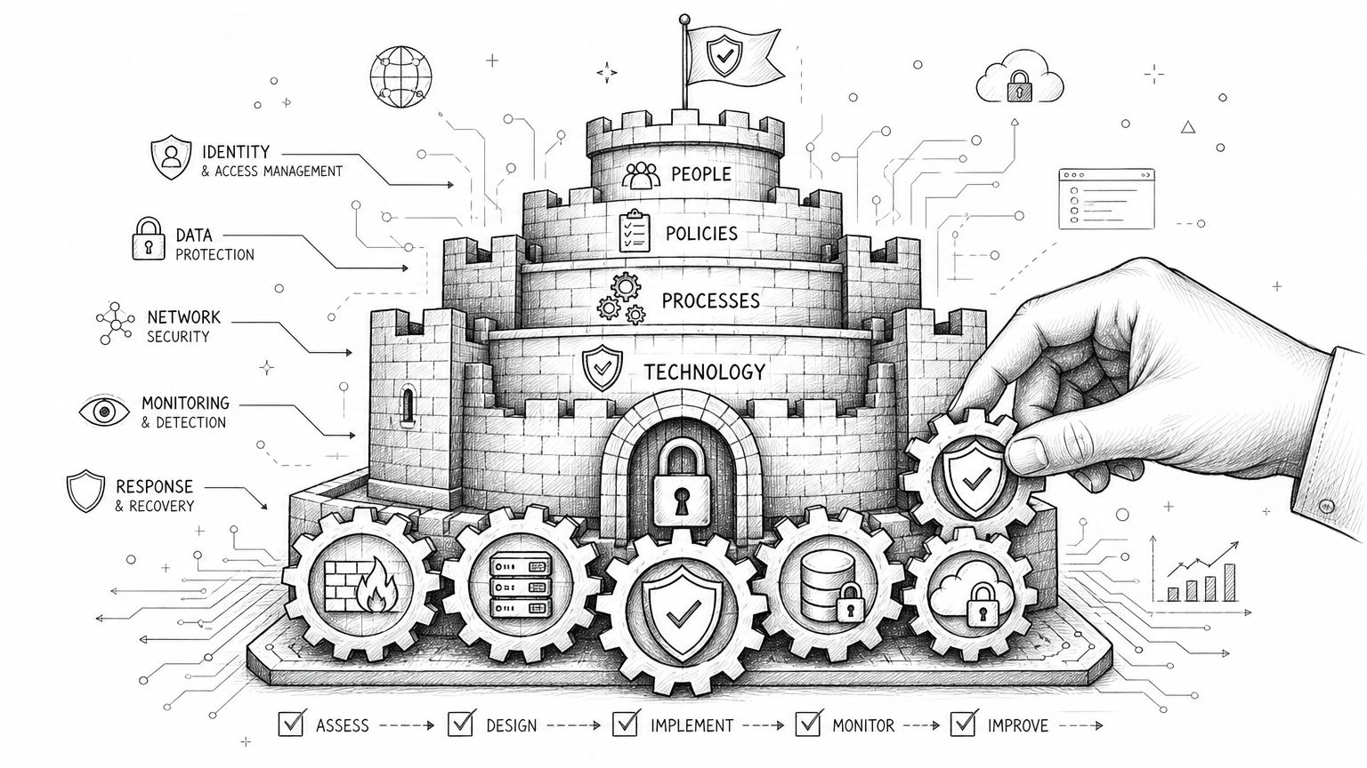 Eine illustrierte Zeichnung, die eine Burg als Symbol für IT-Sicherheit in Unternehmen mit verschiedenen Schutzebenen darstellt.