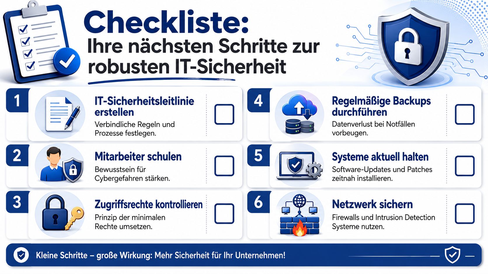 Checkliste mit sechs Schritten für eine robuste IT-Sicherheit in Unternehmen zur Prävention von Cybergefahren.