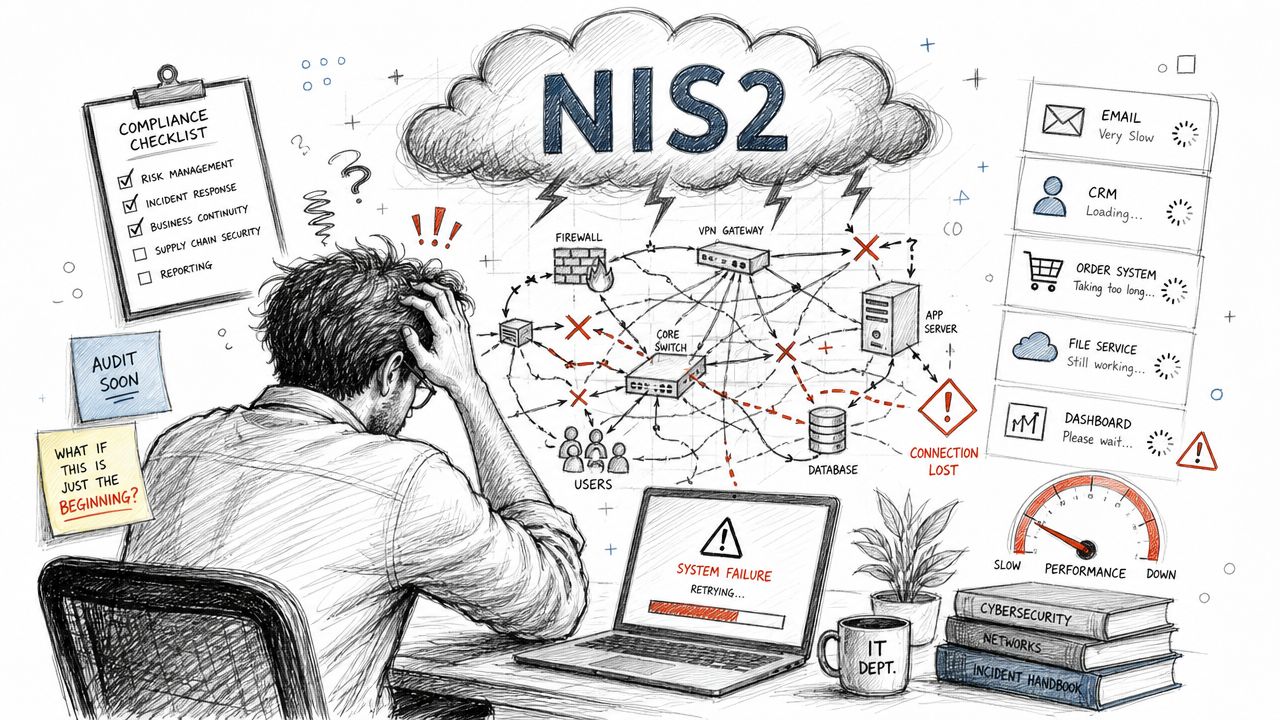 Ein überforderter IT-Mitarbeiter arbeitet an einem NIS2-Compliance-Problem mit einem überlasteten und fehlerhaften Computernetzwerk.