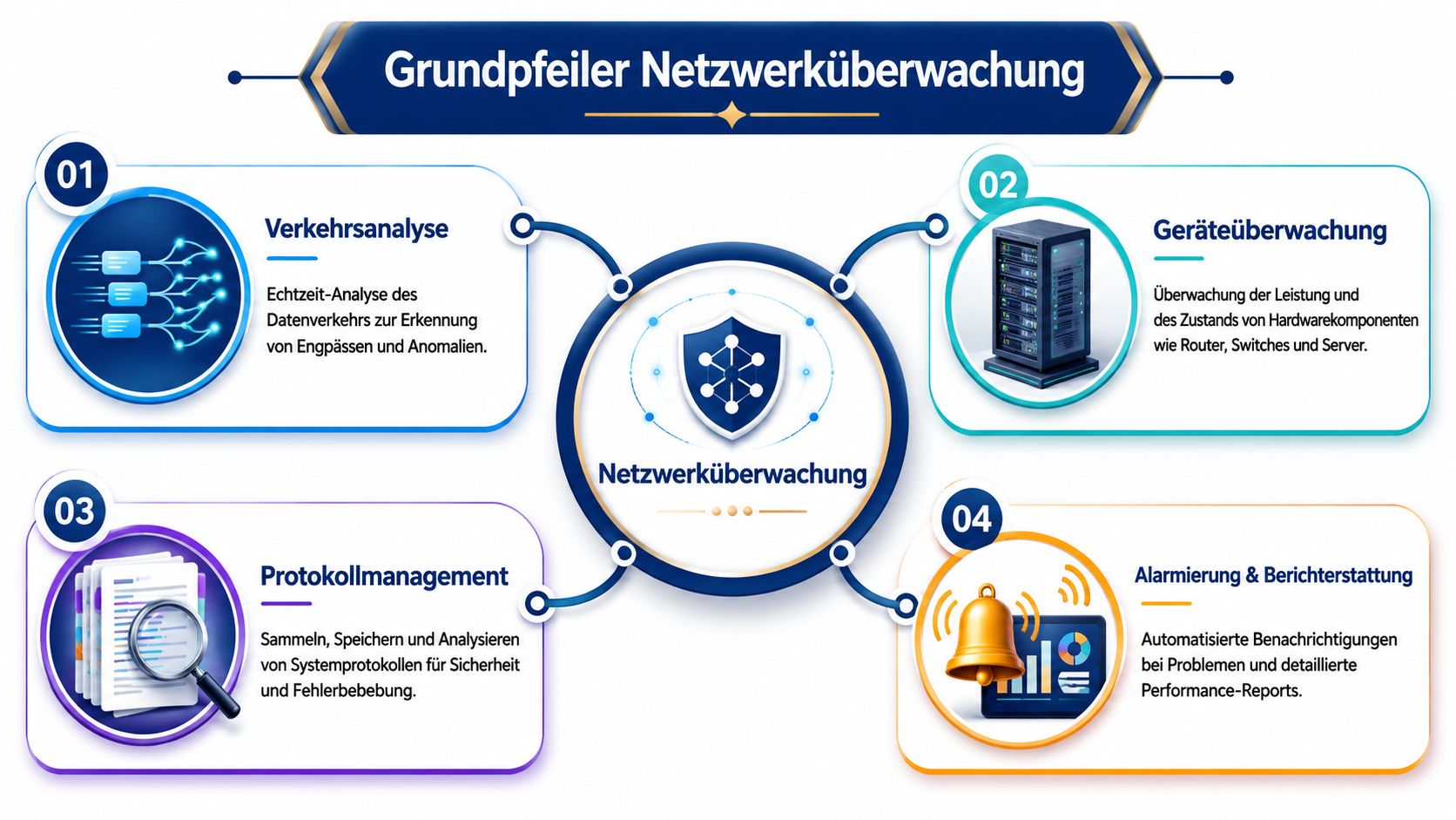 Infografik über die vier Grundpfeiler der Netzwerküberwachung inklusive Verkehrsanalyse, Geräteüberwachung, Protokollmanagement sowie Alarmierung und Berichterstattung.