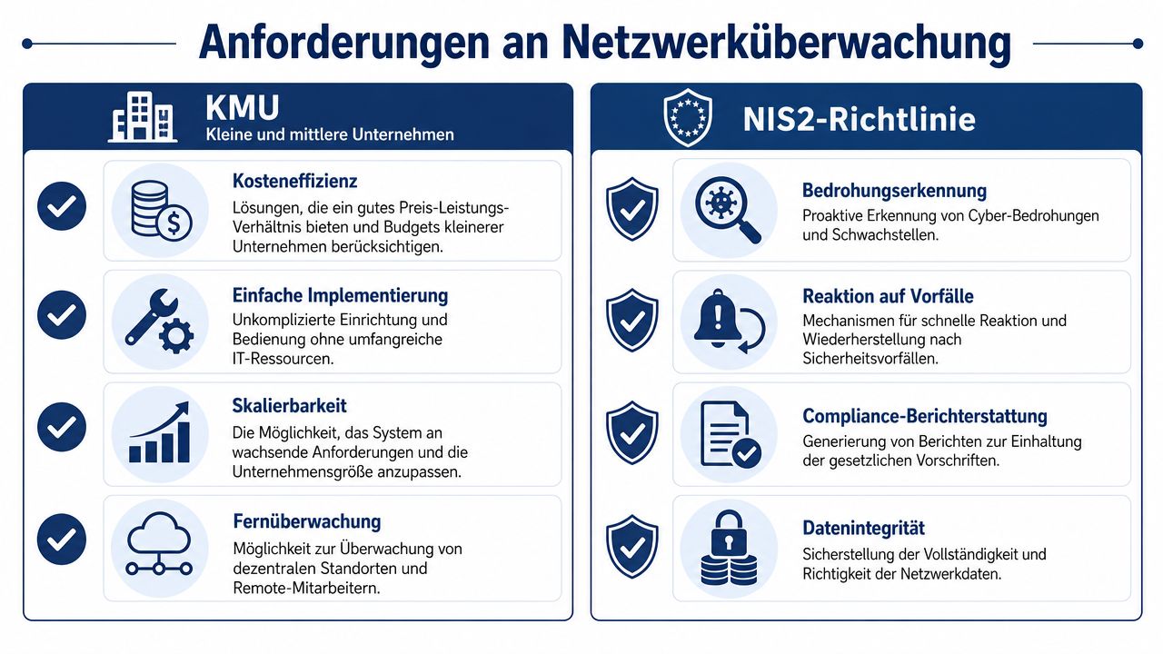 Übersicht der Anforderungen an Netzwerküberwachung für kleine Unternehmen und die Einhaltung der NIS2-Richtlinie in tabellarischer Form.