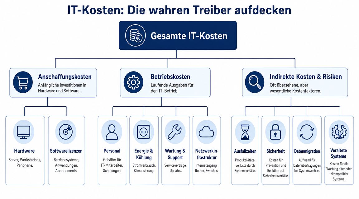 Eine Infografik zeigt die drei Hauptkategorien für IT-Kosten: Anschaffungskosten, Betriebskosten sowie indirekte Kosten und Risiken.