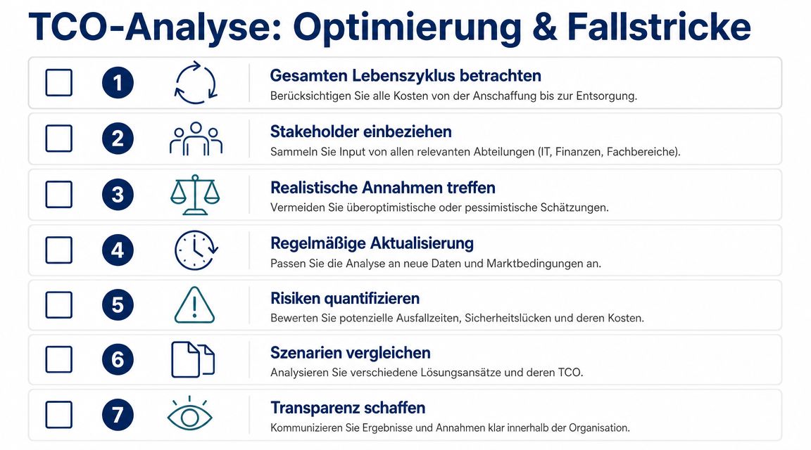 Eine Infografik mit sieben Schritten zur Optimierung einer TCO-Analyse, dargestellt in einer klaren Liste mit Symbolen.