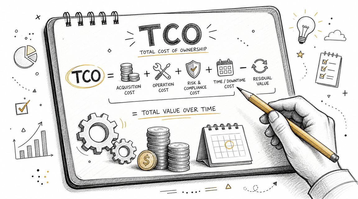 Eine handgezeichnete Skizze erklärt die Berechnung der Gesamtkosten des Eigentums, bekannt als TCO, in einem Notizbuch.