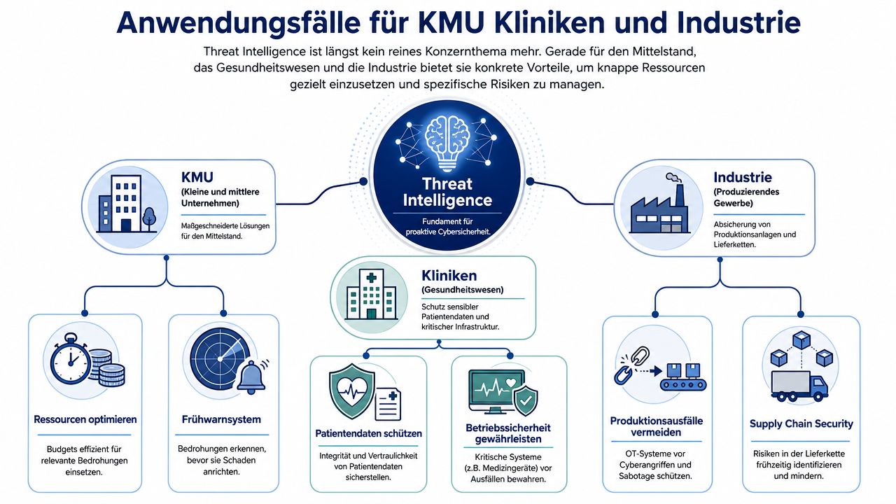 Übersichtsgrafik zu Anwendungsfällen von Threat Intelligence für KMU, Kliniken und die Industrie zur proaktiven Cybersicherheit.