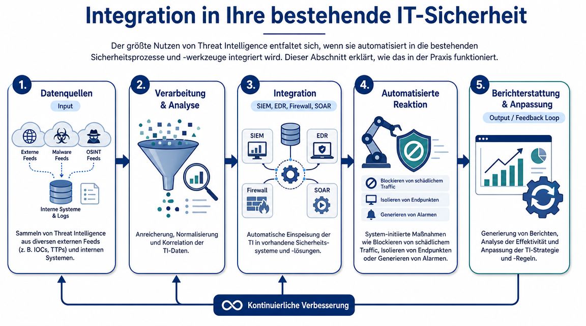 Grafik zur Integration von Threat Intelligence in IT-Sicherheitsprozesse durch fünf automatisierte Schritte von der Datensammlung bis zur Berichterstattung.