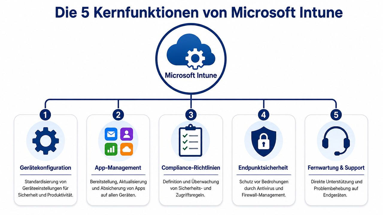 Eine Infografik, die die fünf Kernfunktionen von Microsoft Intune zur Geräteverwaltung und Sicherheit übersichtlich darstellt.