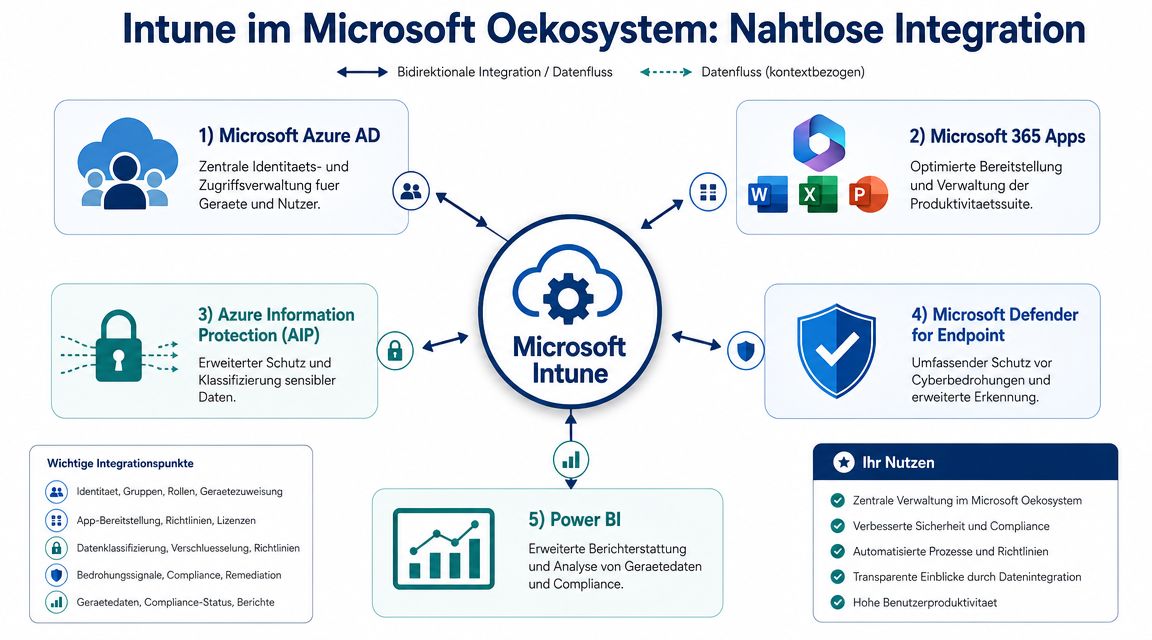 Schaubild zur nahtlosen Integration von Microsoft Intune in das Microsoft Ökosystem mit verschiedenen Sicherheits- und Verwaltungsdiensten.