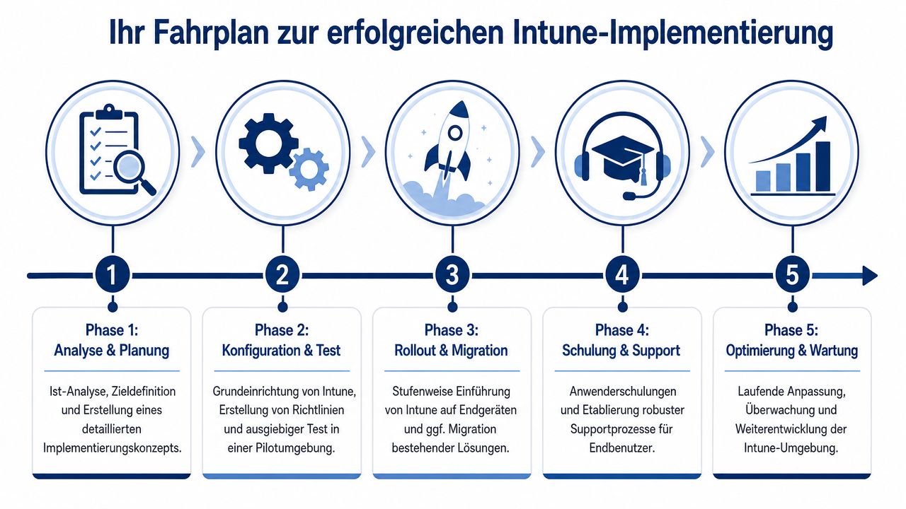 Ein fünfstufiger Fahrplan zur erfolgreichen Implementierung von Microsoft Intune, von der Analyse bis hin zur laufenden Optimierung.