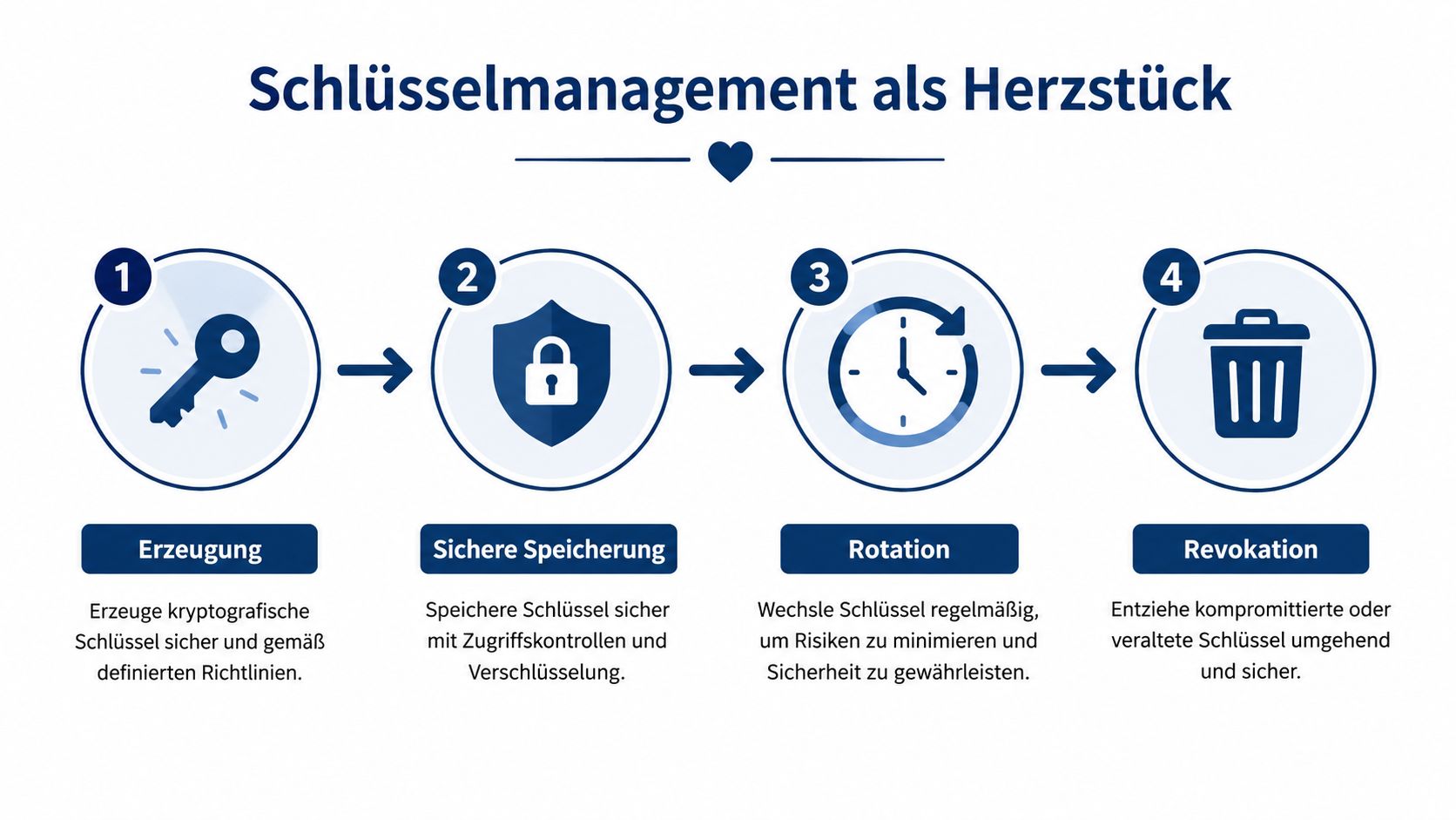 Eine Infografik zum Schlüsselmanagement mit den vier Schritten Erzeugung, sichere Speicherung, Rotation und Revokation kryptografischer Schlüssel.