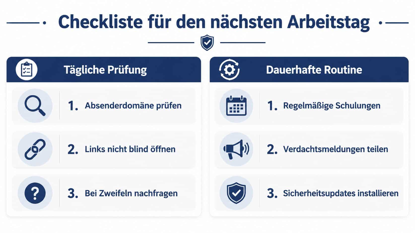 Eine Checkliste für den Arbeitsalltag mit Tipps zur Sicherheit, um Phishing und Cyberangriffe effektiv zu erkennen.
