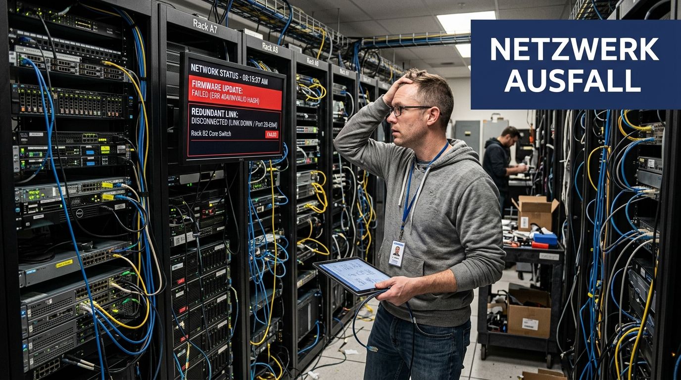 Ein frustrierter IT-Techniker steht in einem Serverraum und betrachtet einen Monitor mit einer Fehlermeldung bei einem Netzwerkausfall.