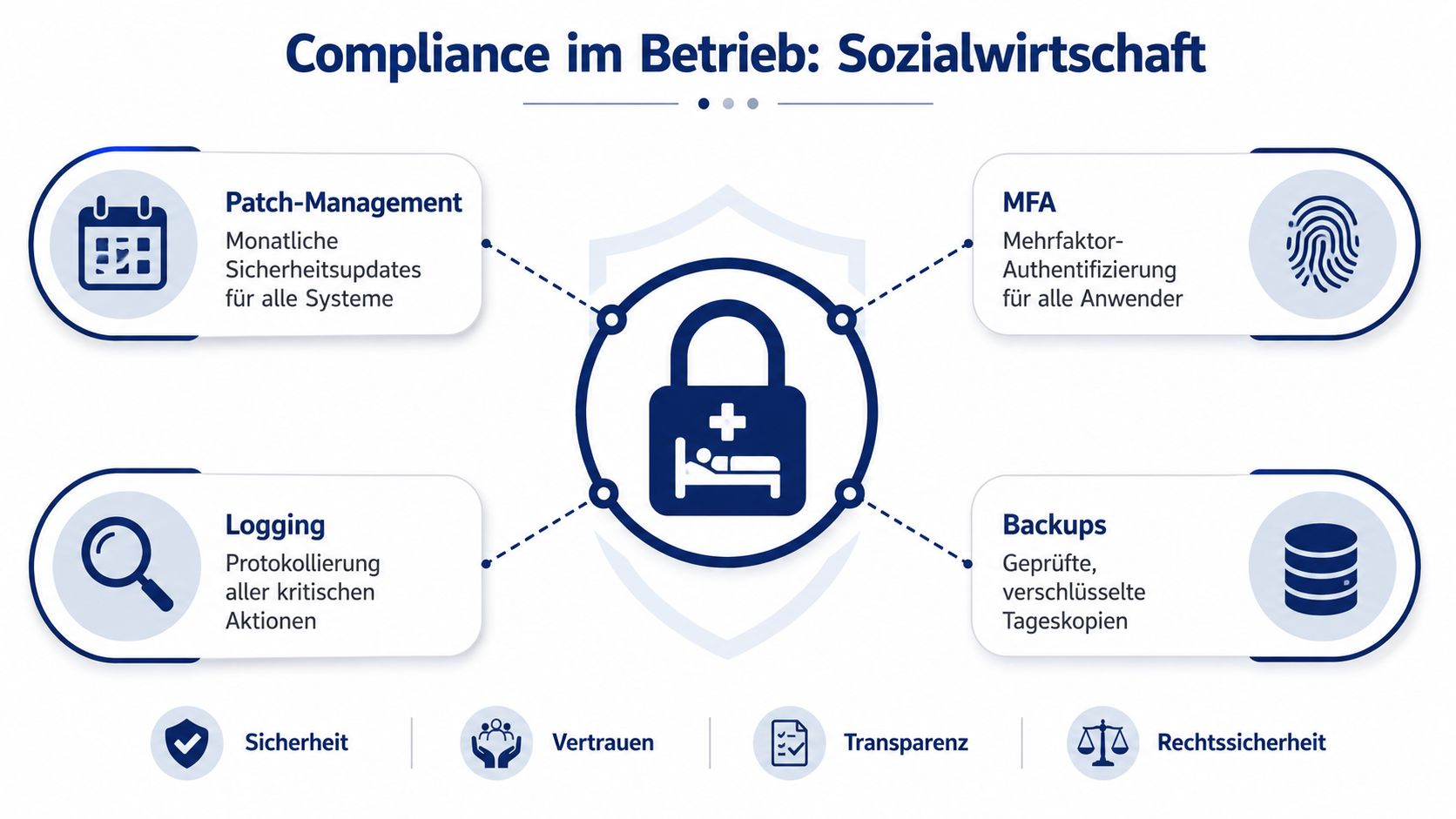 Eine Infografik zur IT-Compliance in der Sozialwirtschaft, die Sicherheit, Vertrauen, Transparenz und Rechtssicherheit durch technologische Maßnahmen darstellt.