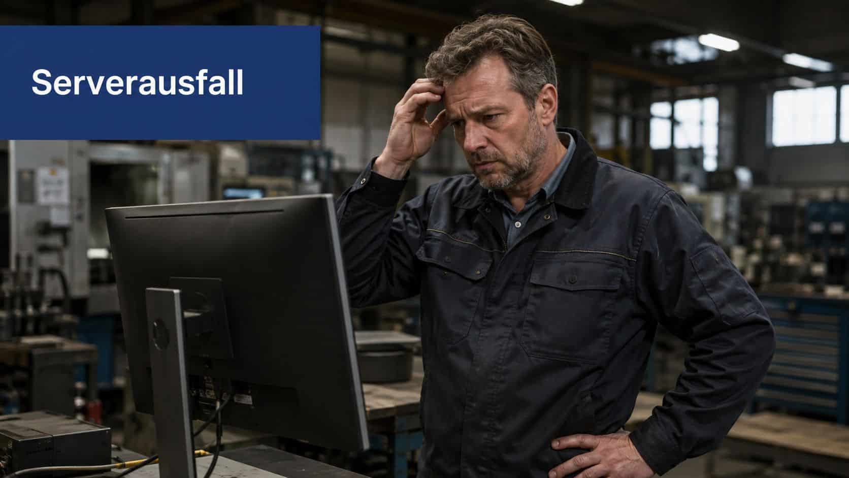 Ein besorgter Industriearbeiter schaut auf einen Computerbildschirm während eines Serverausfalls in einer Fabrikhalle.