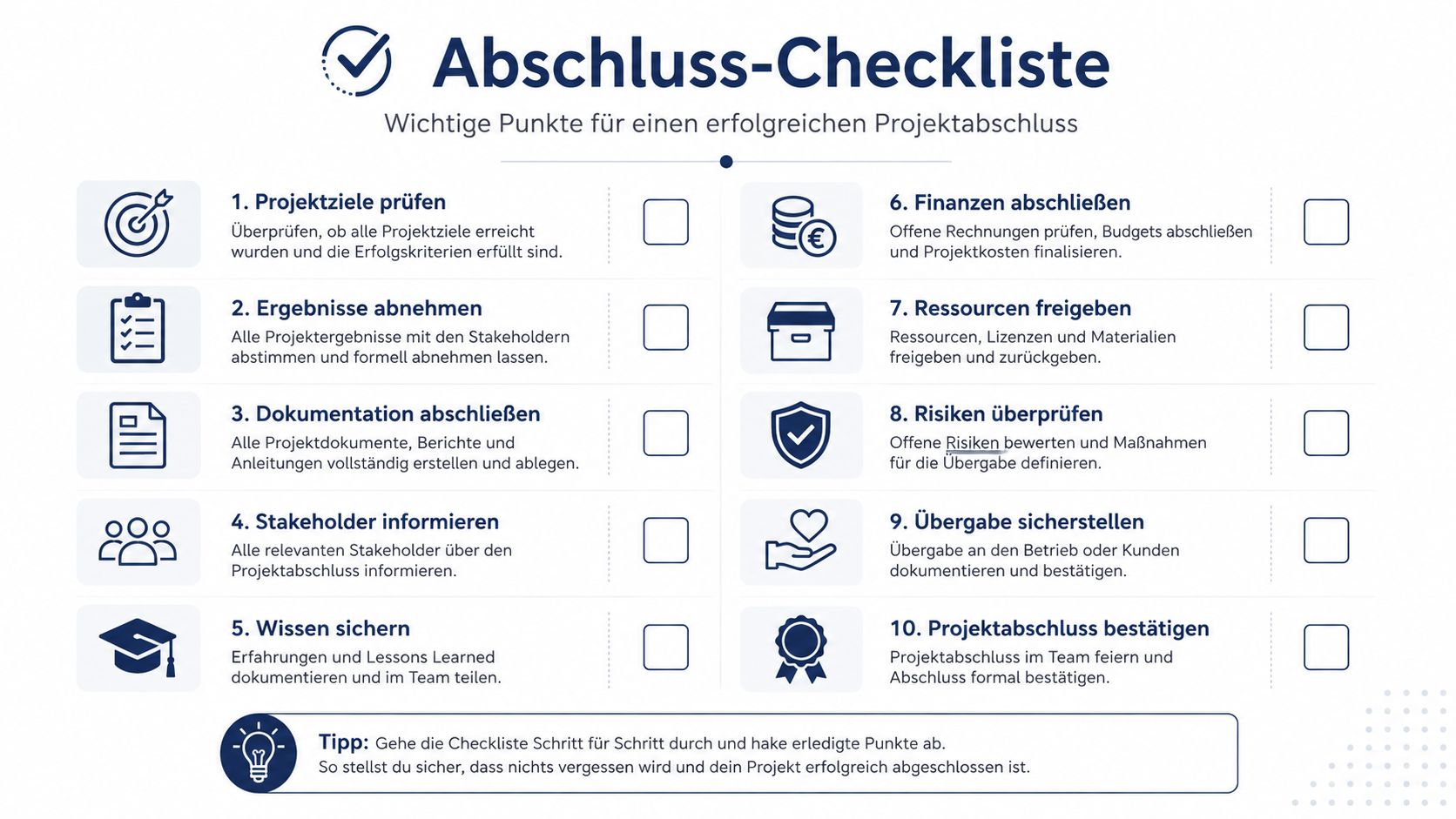 Eine strukturierte Abschluss-Checkliste mit zehn wichtigen Schritten für einen erfolgreichen und organisierten Projektabschluss im Unternehmen.