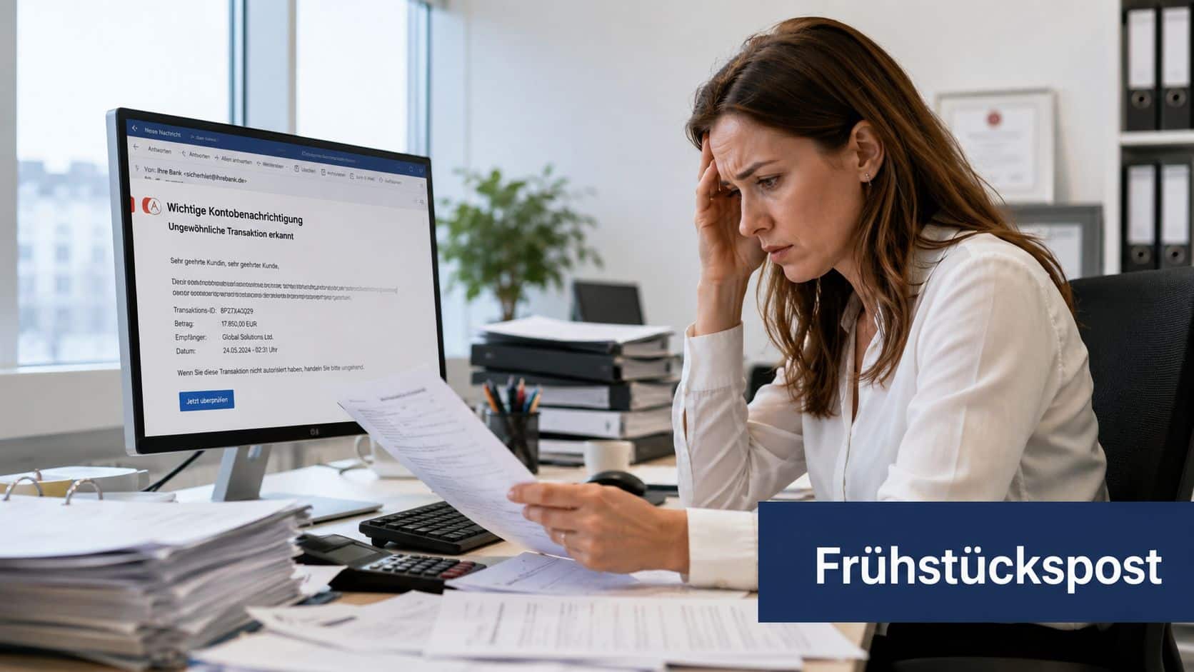 Eine gestresste Frau arbeitet an ihrem Schreibtisch und prüft eine verdächtige Phishing-E-Mail auf ihrem Computerbildschirm.