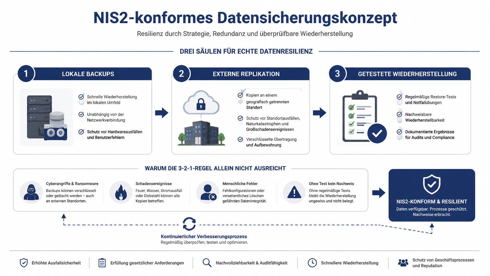 Infografik zum NIS2-konformen Datensicherungskonzept mit drei Säulen für echte Datenresilienz und kontinuierlichem Verbesserungsprozess.