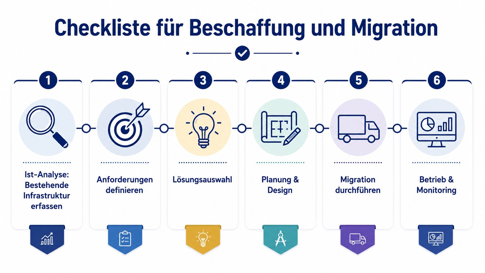 Eine sechsstufige Checkliste für den Prozess der IT-Beschaffung und die erfolgreiche Durchführung einer Migration von Systemen.
