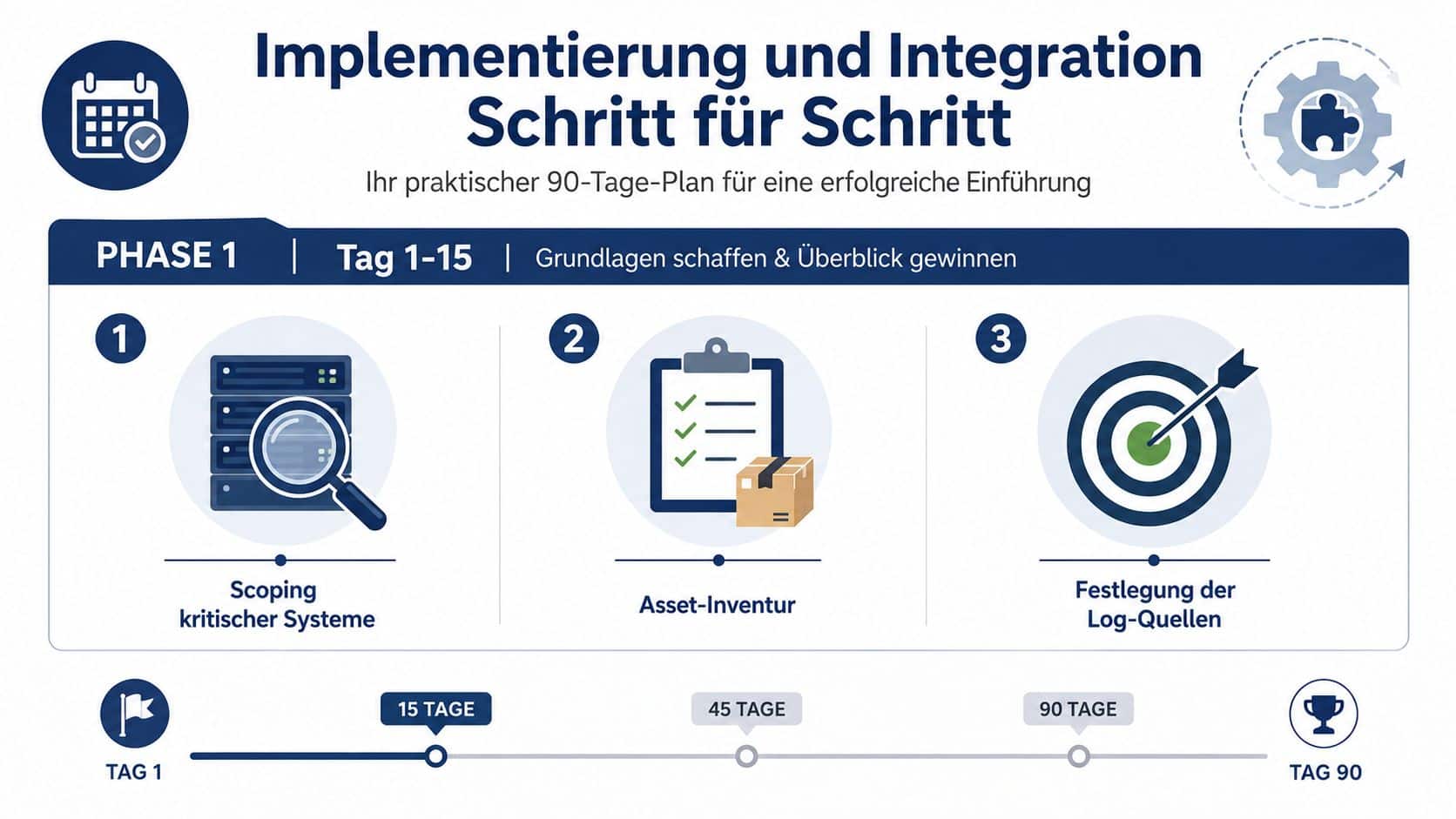 Infografik zum 90-Tage-Plan für die Implementierung und Integration kritischer IT-Systeme und Log-Quellen in Unternehmen.