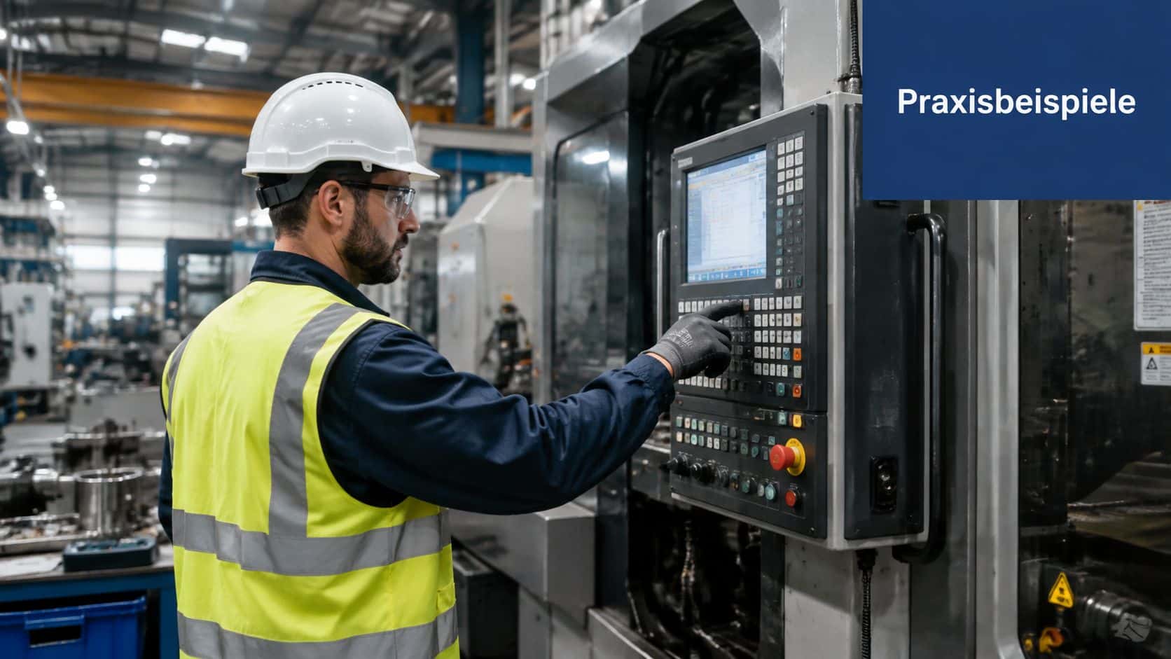 Ein Arbeiter in Schutzkleidung bedient eine industrielle CNC-Maschine in einer modernen Fertigungshalle.