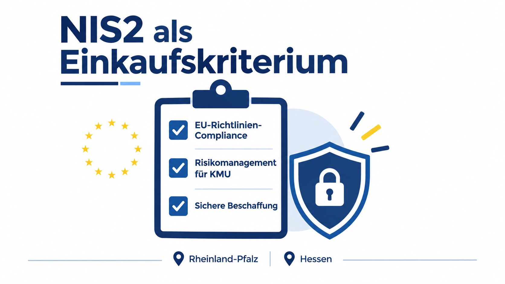 Eine Grafik über NIS2 als Einkaufskriterium mit Checkliste für EU-Richtlinien, Risikomanagement und sichere Beschaffung für Unternehmen.