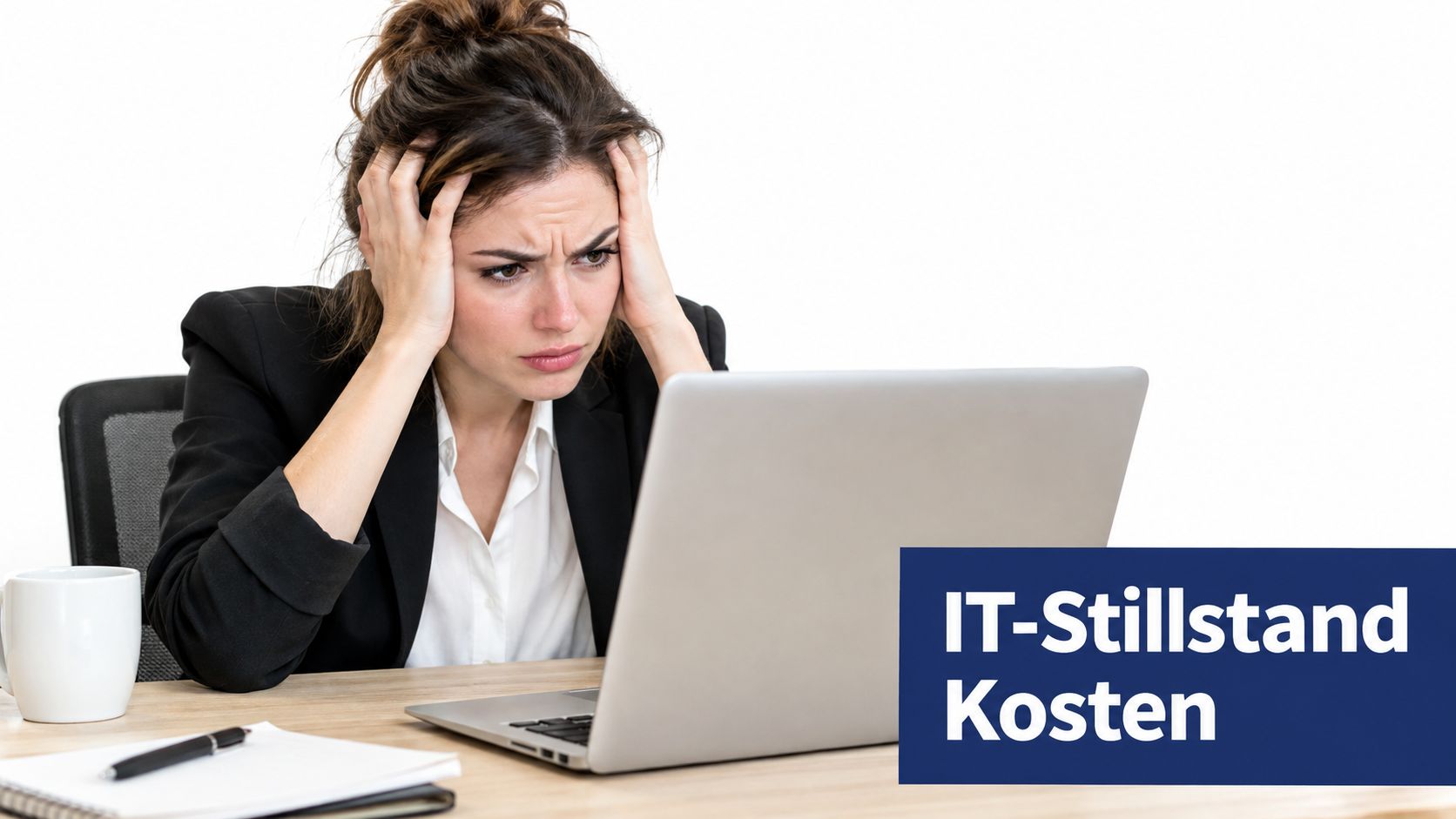 Eine gestresste Geschäftsfrau schaut frustriert auf ihren Laptop, da sie durch IT-Probleme bei der Arbeit behindert wird.