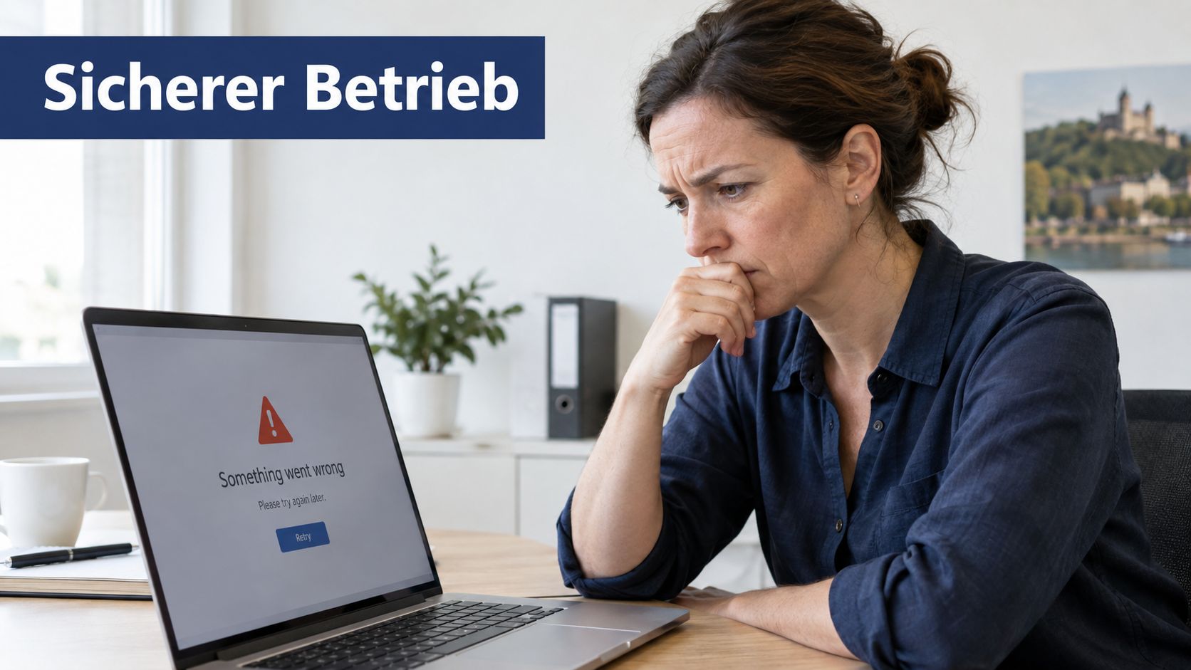 Eine Frau schaut besorgt auf ihren Laptop-Bildschirm, der eine Fehlermeldung mit der Aufschrift Something went wrong anzeigt.
