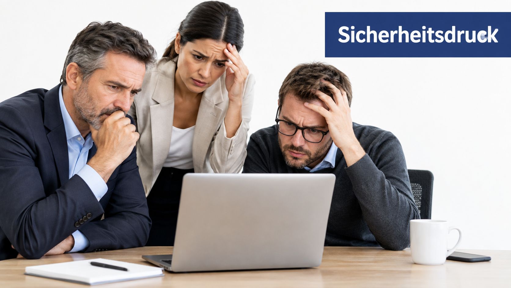 Drei besorgte Büroangestellte betrachten gemeinsam konzentriert und gestresst die Bildschirmanzeige auf einem Laptop an einem Schreibtisch.