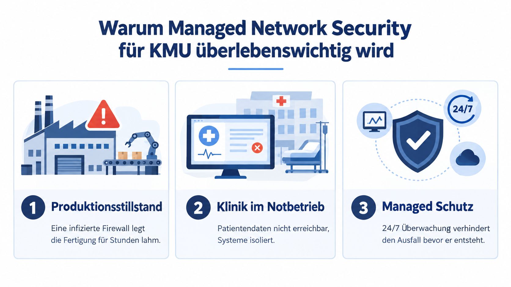Infografik zeigt, warum Managed Network Security für KMUs entscheidend ist, um Produktionsausfälle und Systemstörungen zu verhindern.