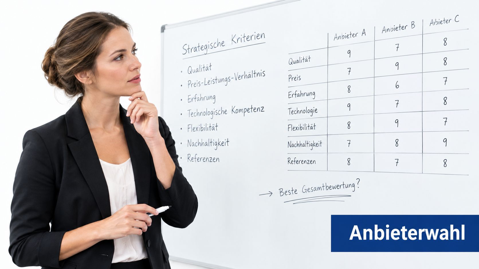 Eine Geschäftsfrau steht vor einem Whiteboard und analysiert eine Vergleichstabelle für strategische Kriterien bei der Anbieterwahl.