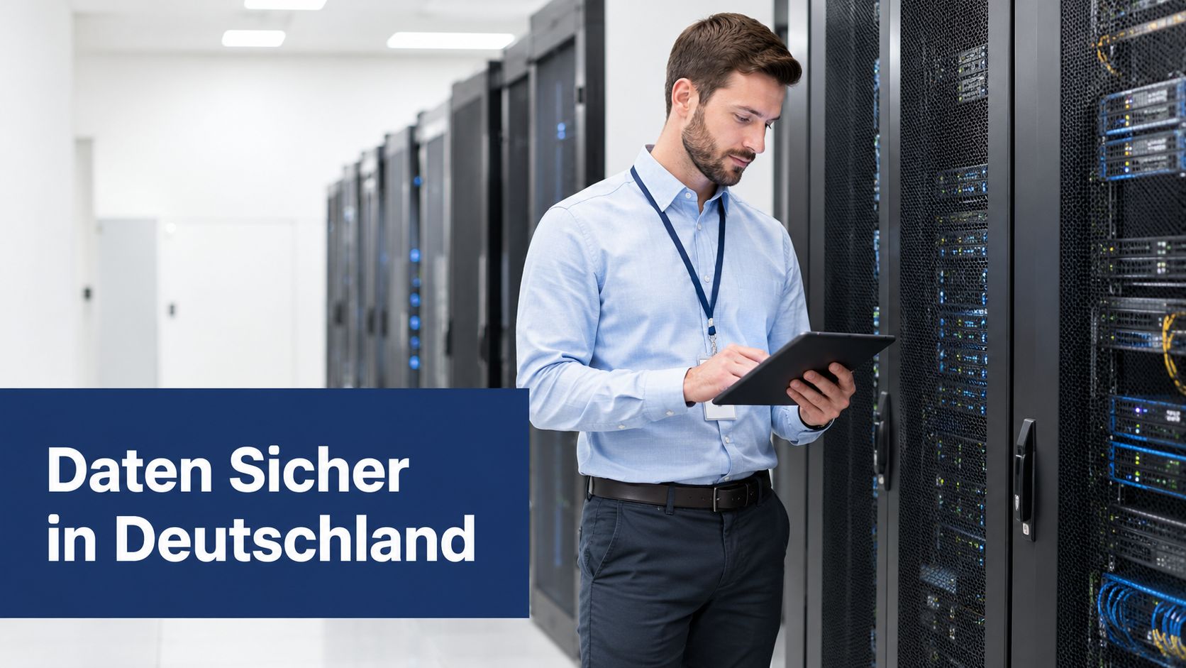 Ein IT-Experte arbeitet in einem modernen Rechenzentrum mit Server-Racks, während er ein Tablet zur Überprüfung verwendet.