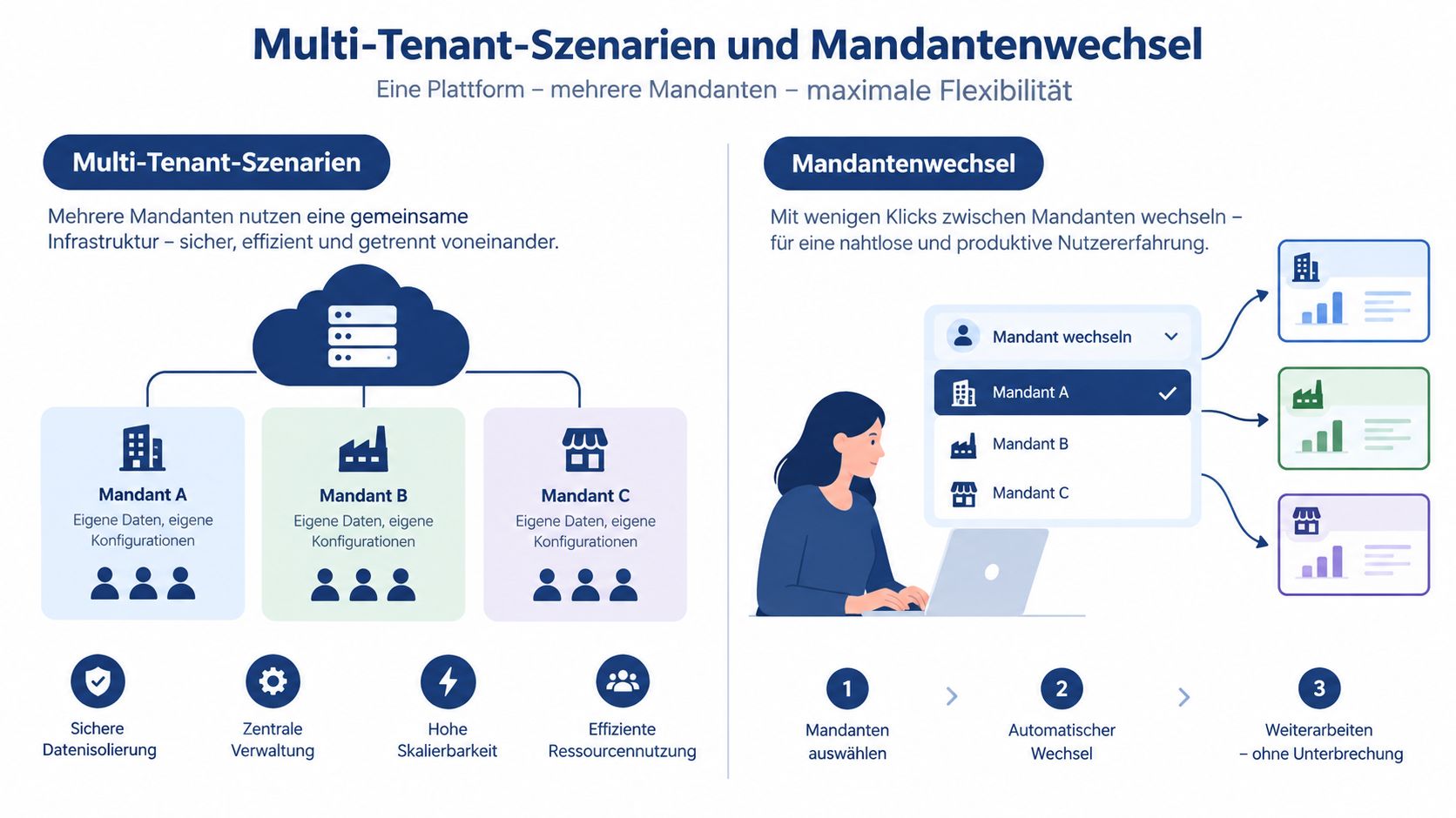 Infografik zur Erklärung von Multi-Tenant-Szenarien und der effizienten Funktion zum Mandantenwechsel in einer Cloud-Softwareplattform.