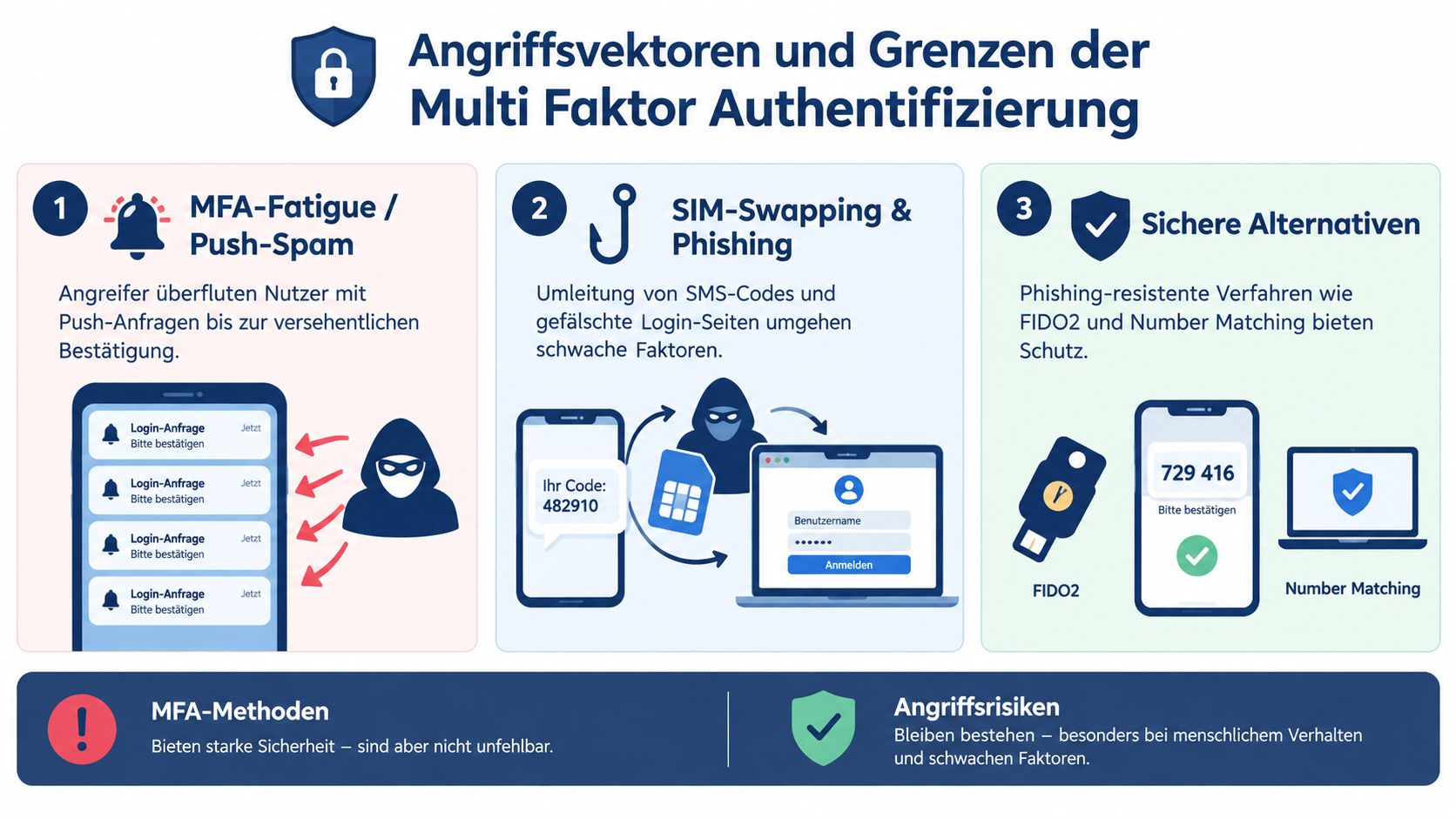 Infografik über Angriffsvektoren und Sicherheitslücken der Multi-Faktor-Authentifizierung sowie sicherere Alternativen wie FIDO2 und Number Matching.