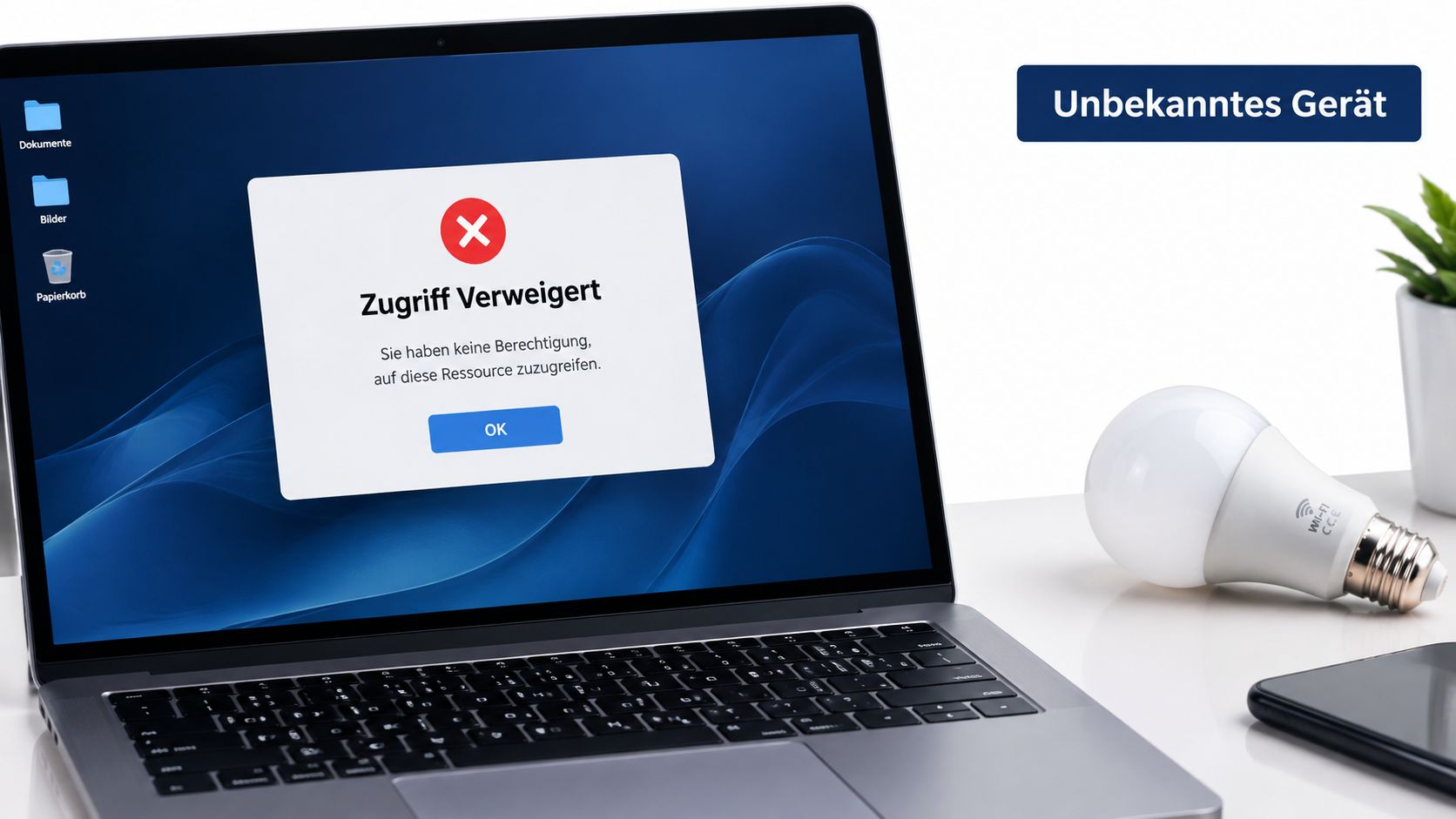 Ein Laptop-Bildschirm zeigt eine Fehlermeldung mit dem Text Zugriff verweigert in einer deutschen Büroumgebung.