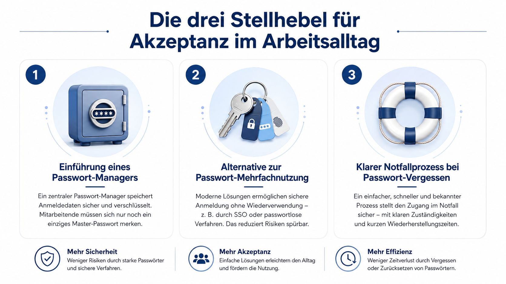 Infografik zeigt die drei wichtigsten Stellhebel für die Akzeptanz und Sicherheit bei der Nutzung von Passwörtern im Arbeitsalltag.