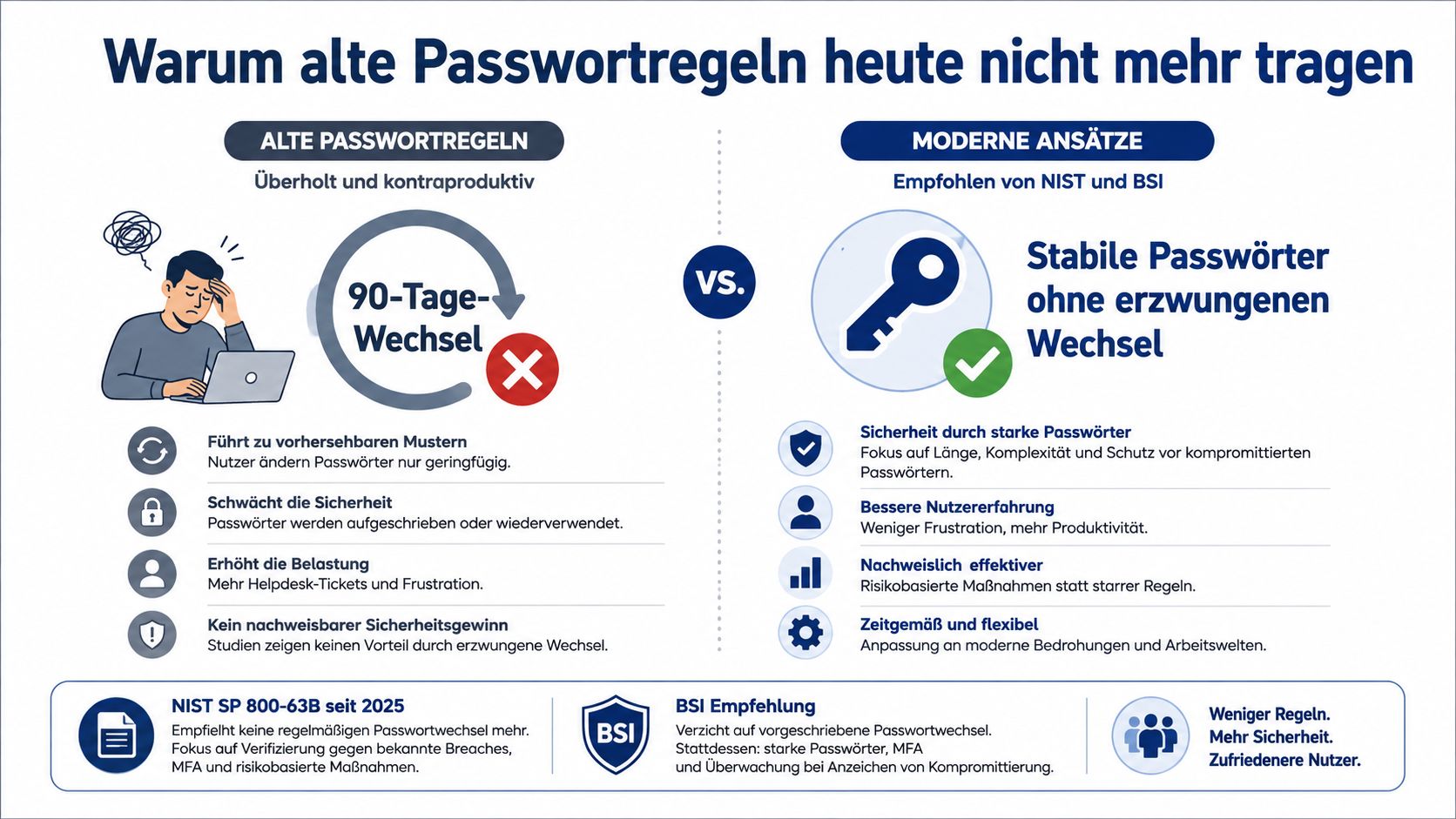 Infografik zum Vergleich zwischen veralteten regelmäßigen Passwortwechseln und modernen, sicheren Passwortstrategien für eine bessere Nutzersicherheit.