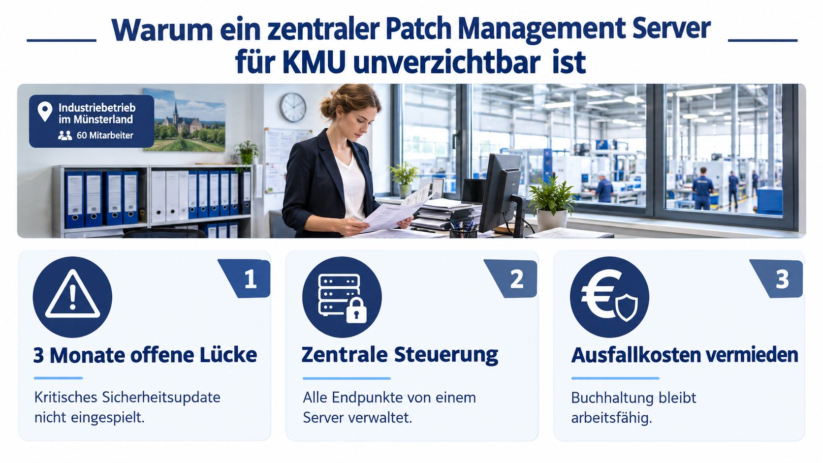 Eine Infografik zur Bedeutung zentraler Patch Management Server für KMU zur Vermeidung von Sicherheitslücken und Ausfallkosten.
