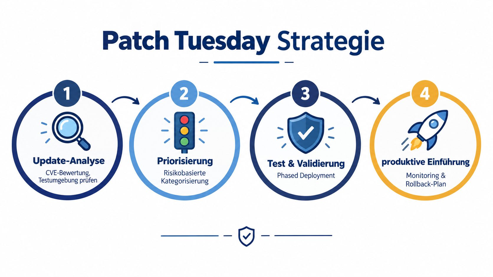 Ein Prozessdiagramm mit vier Schritten zur strategischen Umsetzung von Patch-Management-Updates in Unternehmen.