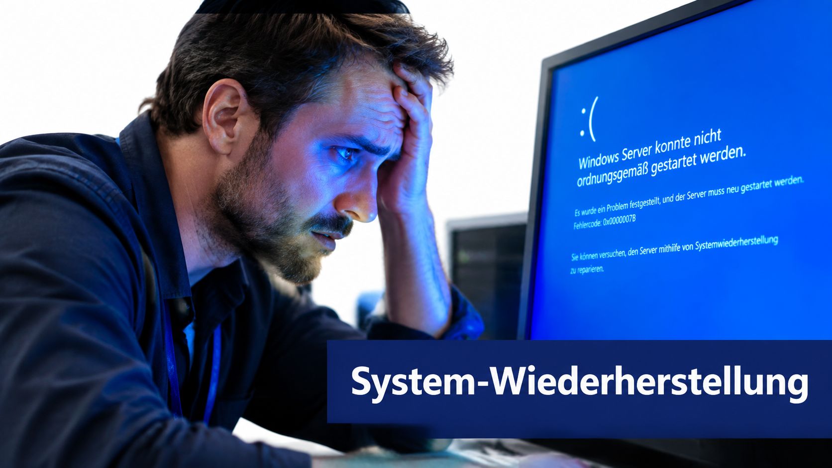 Ein gestresster IT-Mitarbeiter starrt auf einen blauen Bildschirm eines Windows-Servers mit einer Systemwiederherstellungs-Fehlermeldung.